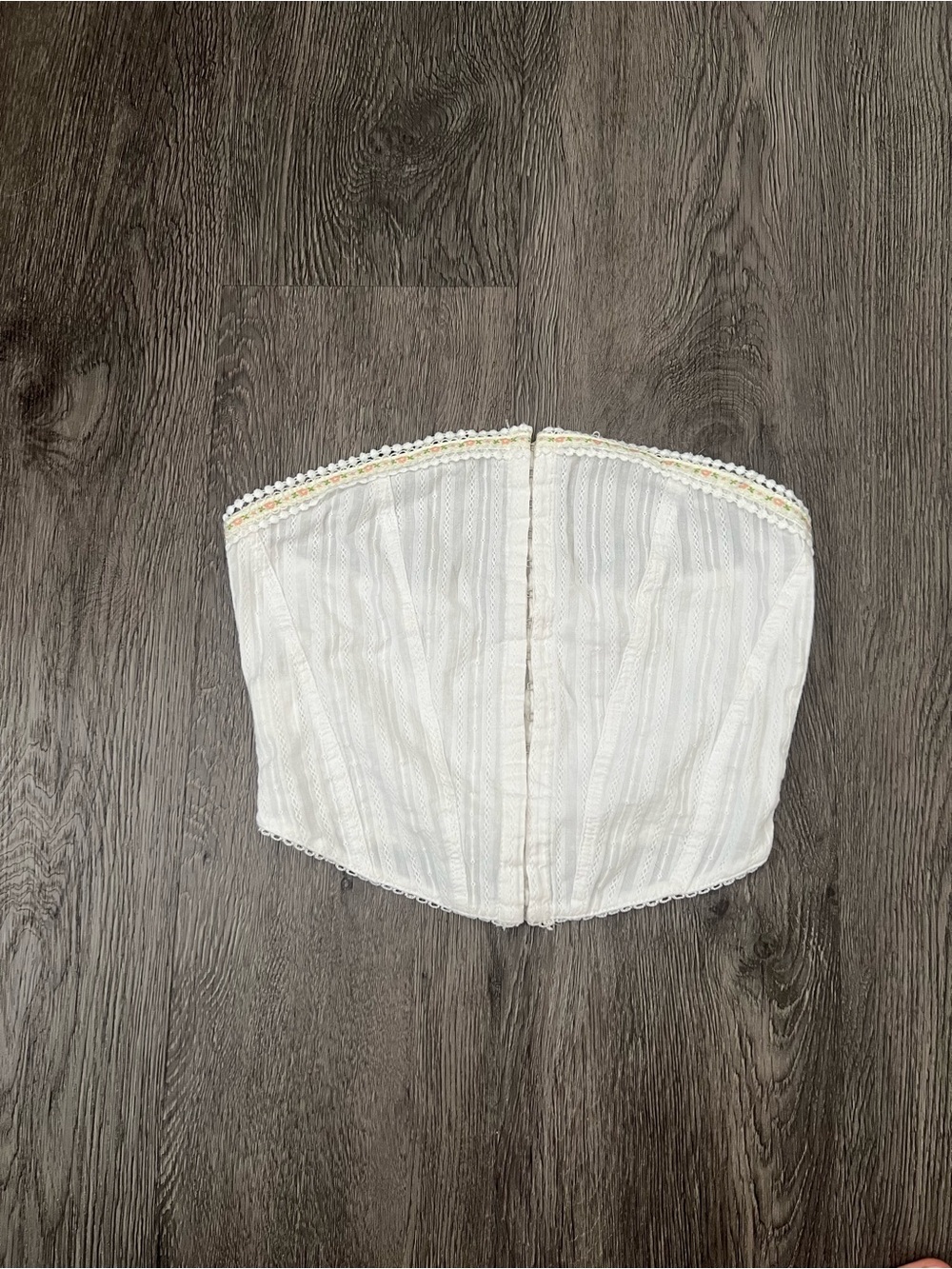 White Strapless Bustier Top with Subtle Stripe and Lace Trim